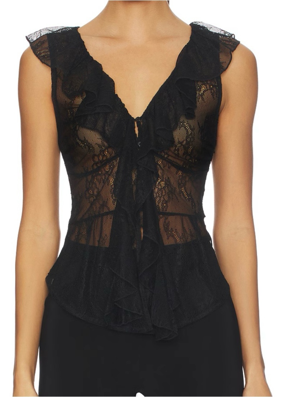 Sheer Lace Ruffle Front Camisole - Black